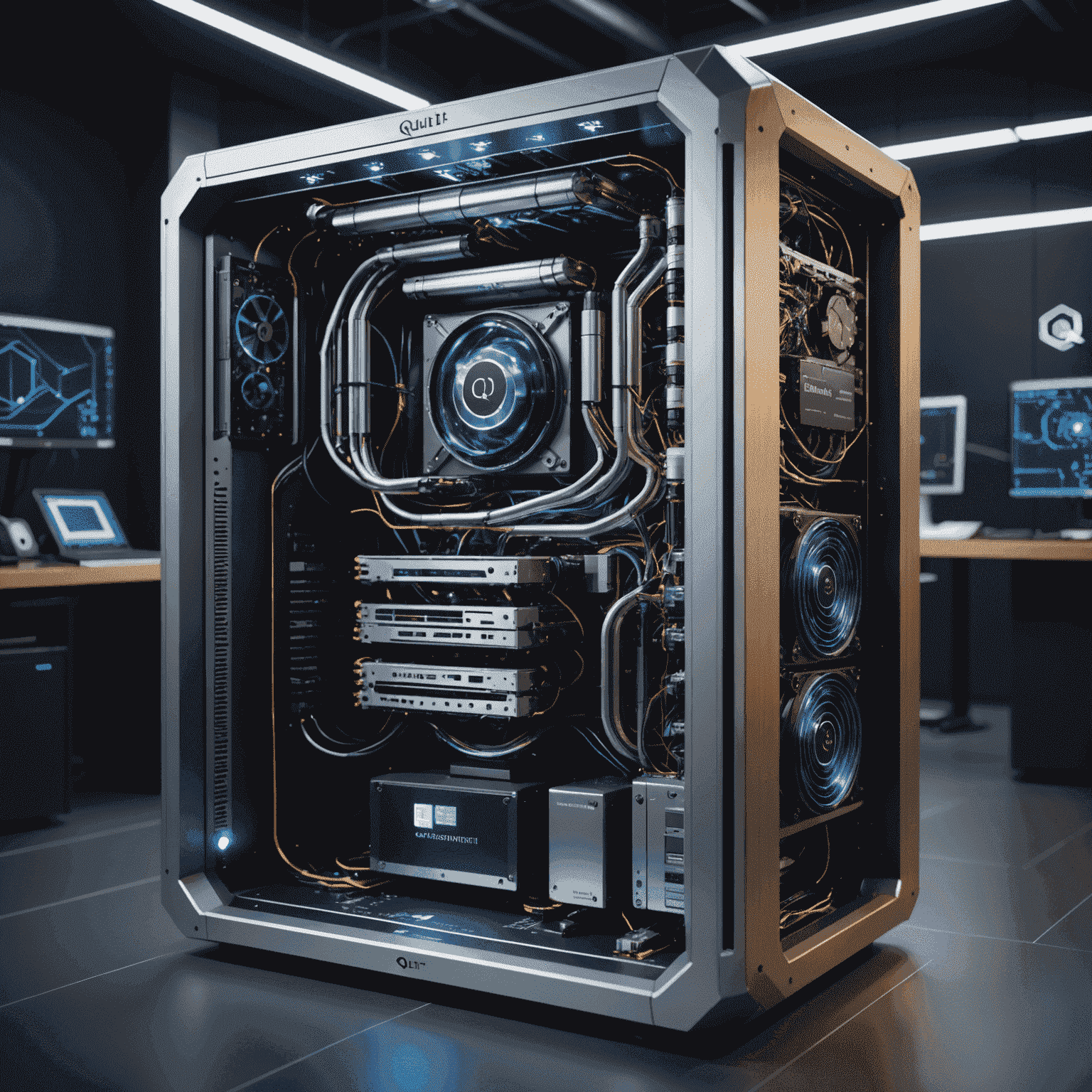A sophisticated quantum computer setup with intricate wiring and cooling systems, showcasing the latest advancements in qubit technology