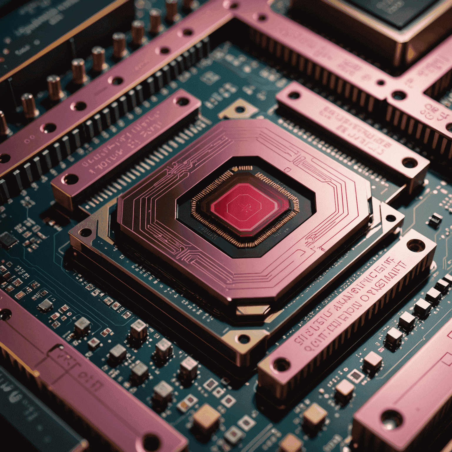 A close-up image of a cutting-edge qubit chip, showcasing intricate circuitry and advanced cooling systems. The chip has a distinctive red and pink color scheme, symbolizing the heat management and quantum state control.