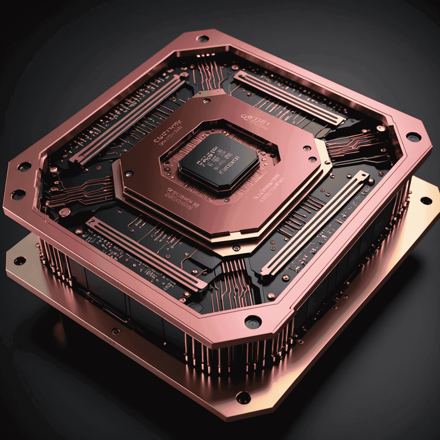 A 3D rendering of a large-scale quantum processor, featuring multiple layers of qubit arrays. The processor is depicted in shades of red and pink against a black background, emphasizing its complexity and advanced design.