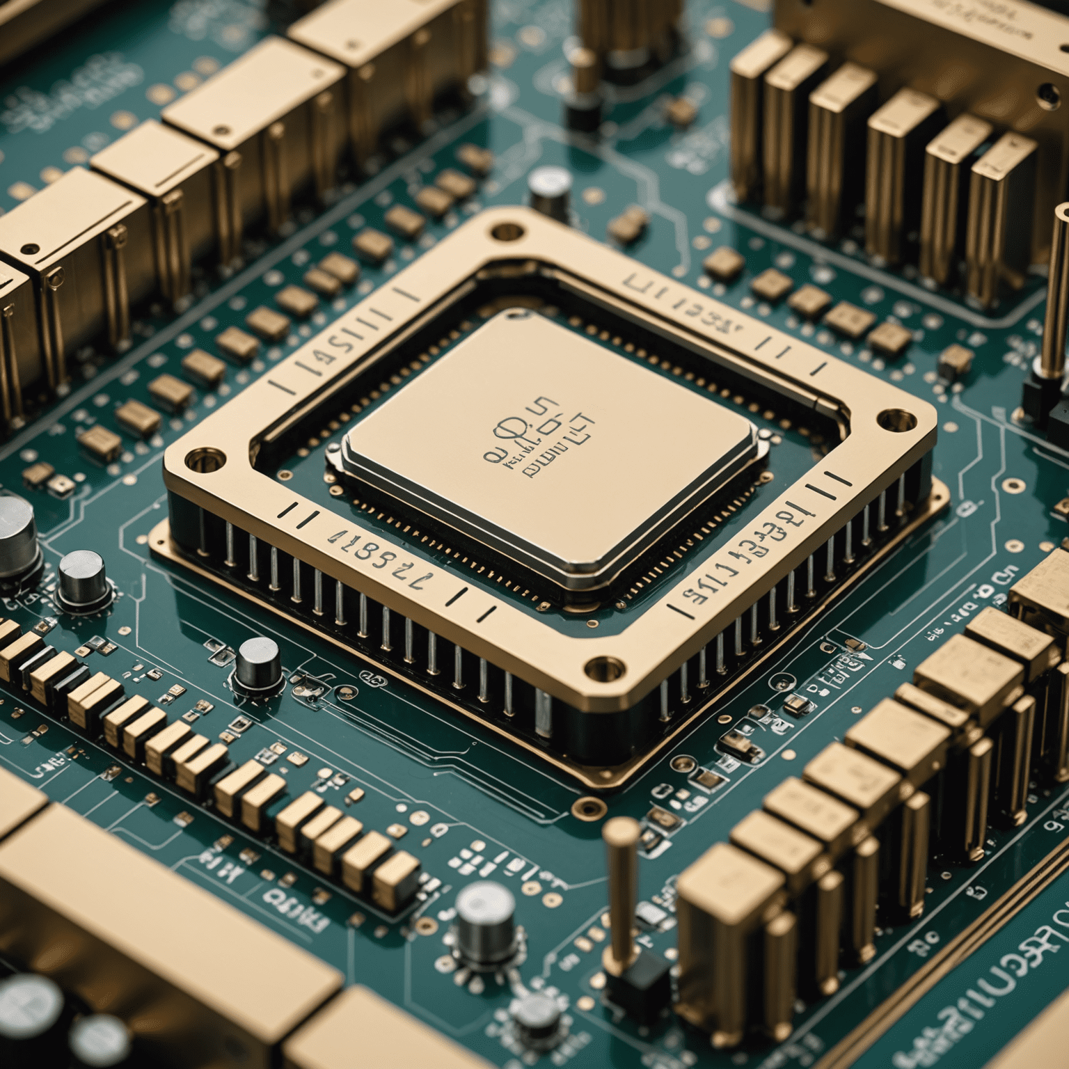 Close-up image of advanced qubit hardware, showing intricate circuitry and cooling systems