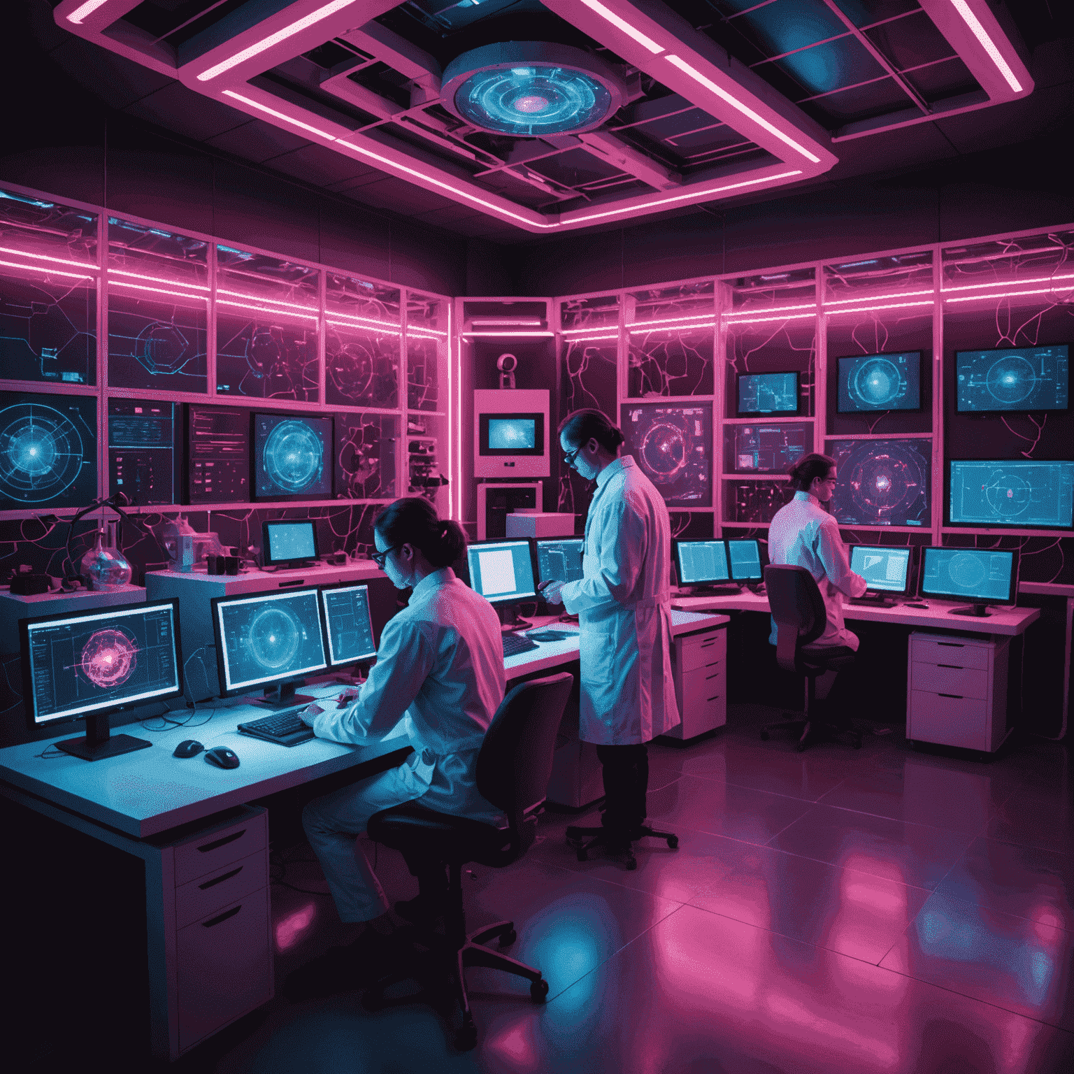 A futuristic laboratory setting with scientists working on qubetic devices. Holographic displays show complex quantum algorithms and qubetic simulations. The scene is illuminated with a mix of red and pink lighting.