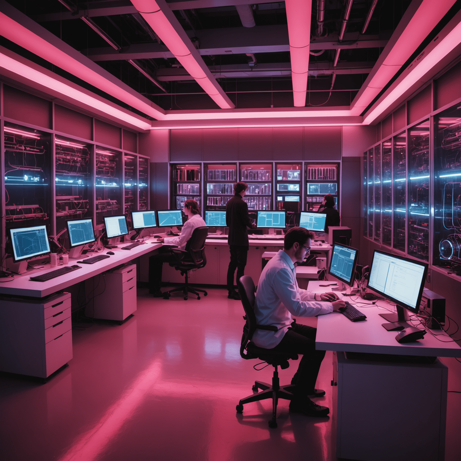 A futuristic laboratory setting with scientists working on next-generation quantum computers. The lab is illuminated with red and pink lighting, creating a high-tech atmosphere that emphasizes the cutting-edge nature of qubit research.